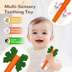CAHILON Easter Carrot Teether, side view soft silicone for gentle chewing.