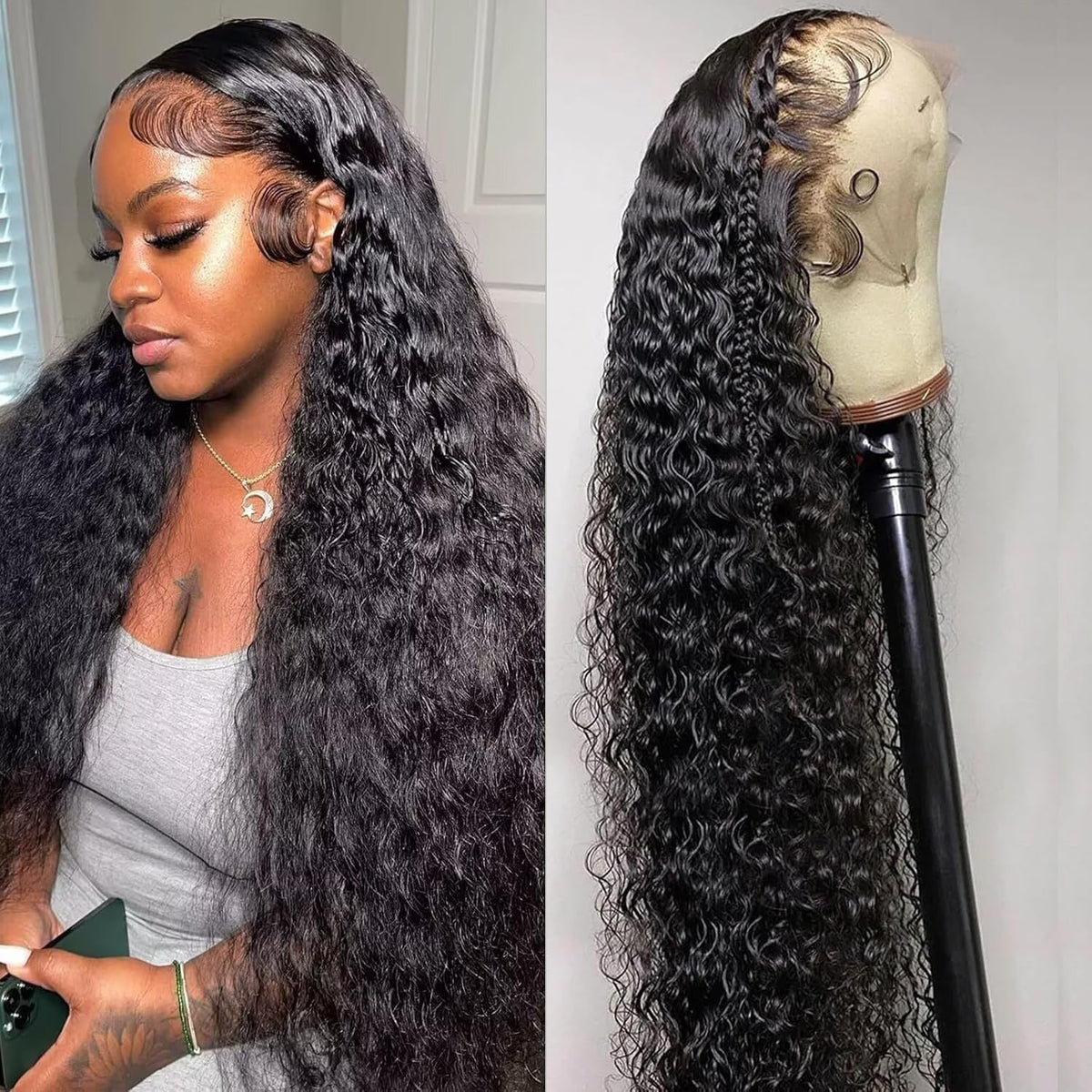Caijuxing 34-inch water-wave lace-front wig for a natural, voluminous look.