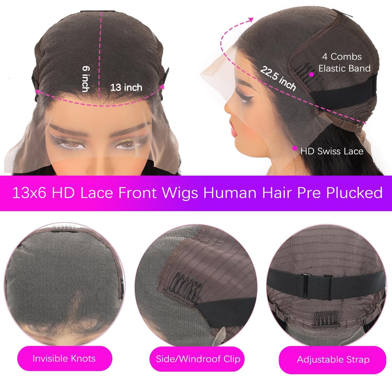 Caijuxing glueless cap with adjustable straps and four combs for secure wear.