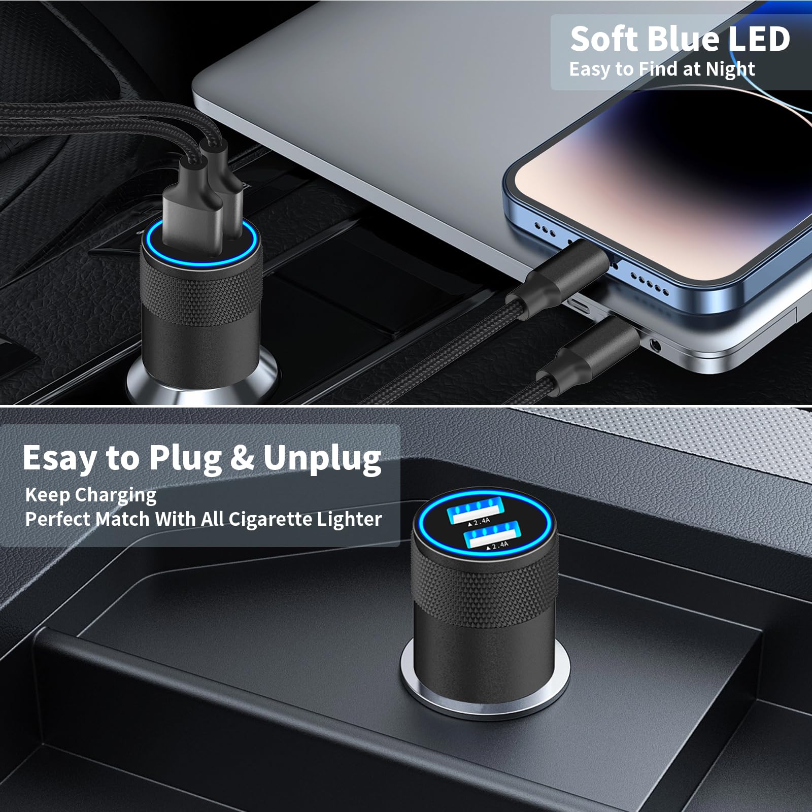 Caiinei car charger installs easily in any 12V socket.