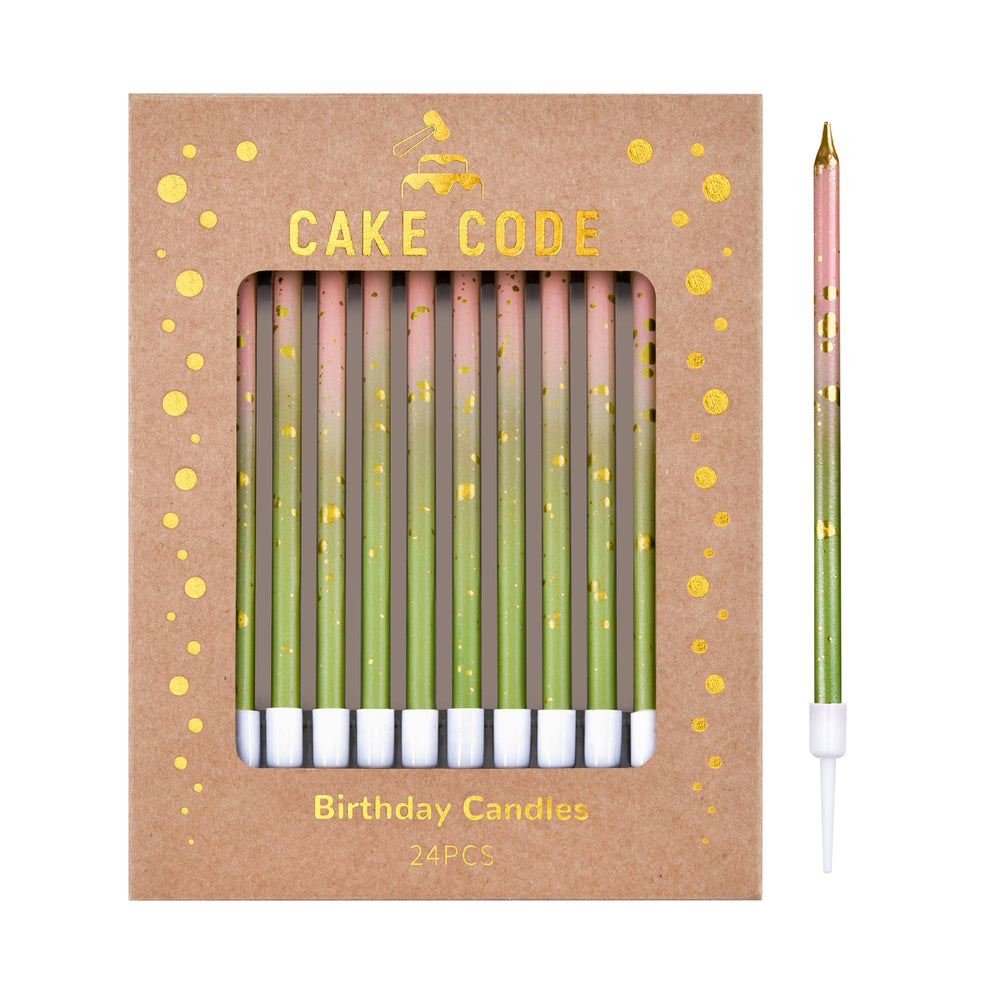 CAKE CODE pink green gold long-thin candles on cake for vibrant birthday moments