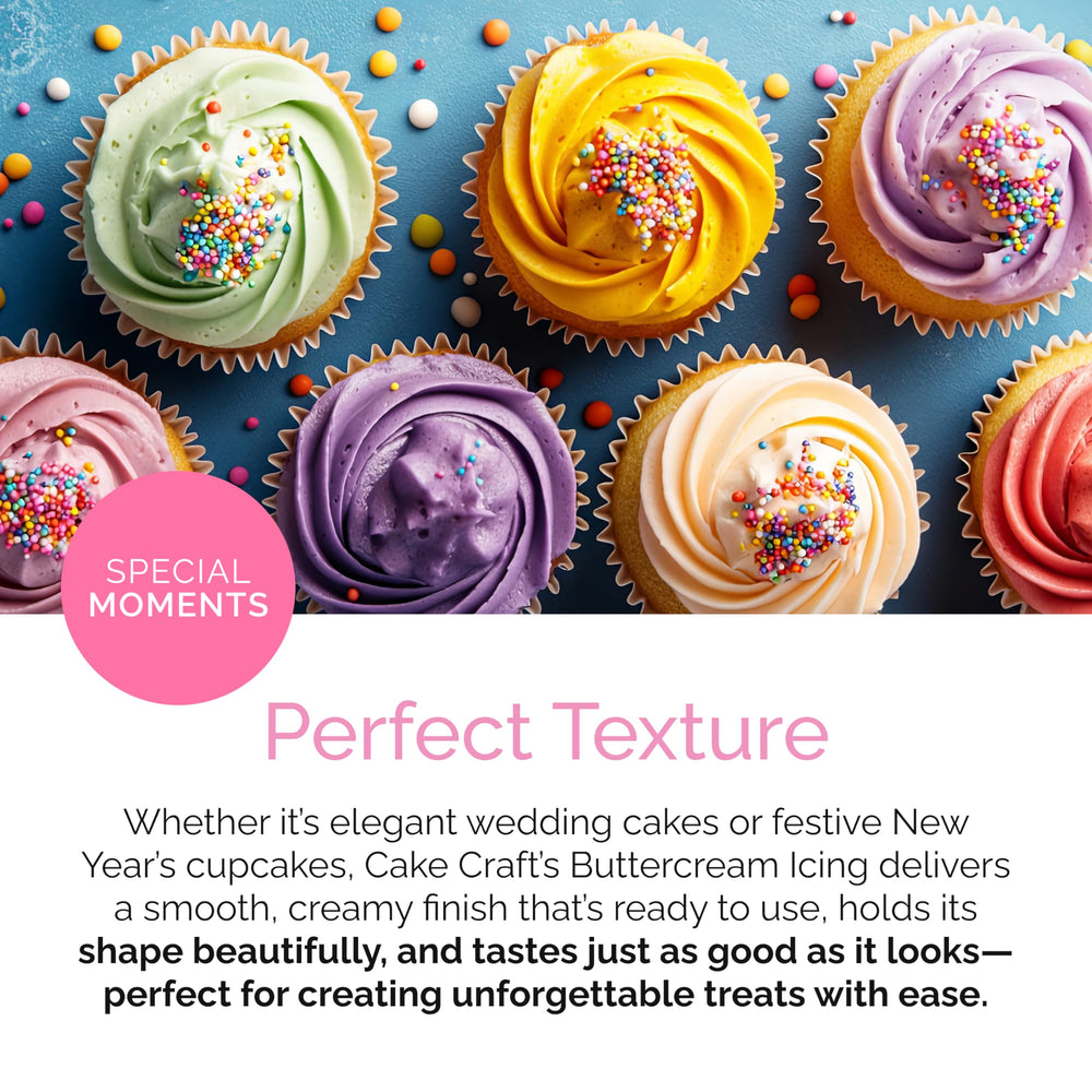 Cake Craft open tub reveals glossy, ready-to-use frosting for quick decorating.