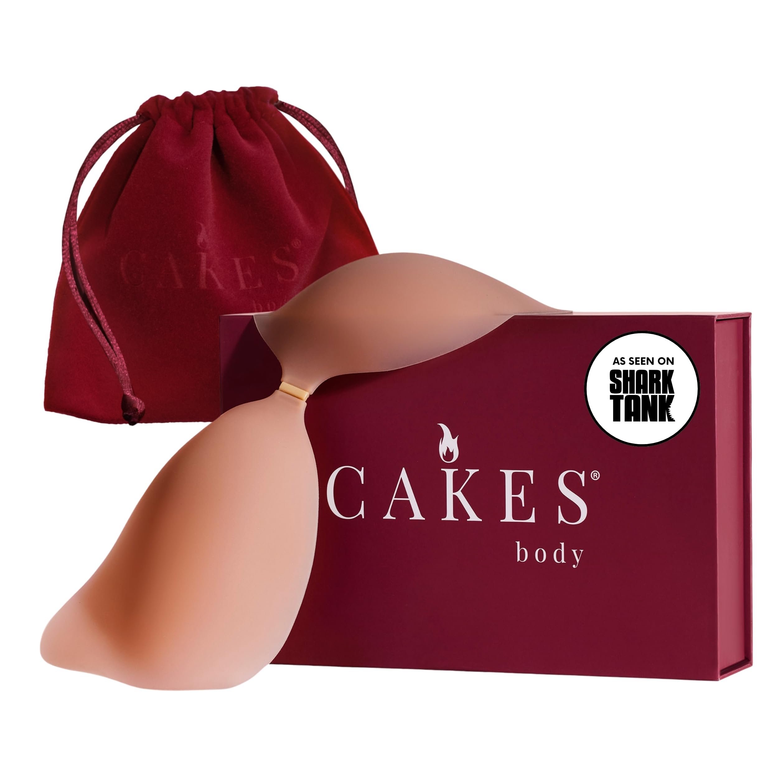 CAKES Body adhesive strapless bra front close-up showing silicone cups for flattering cleavage.