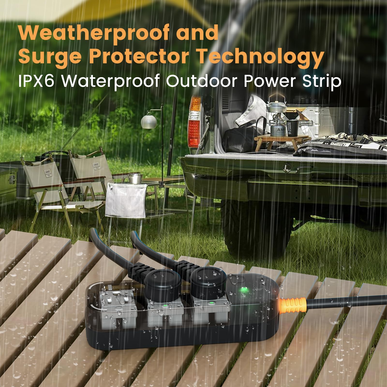 CAKINKON outdoor power strip showing surge protection for devices during outdoor events.