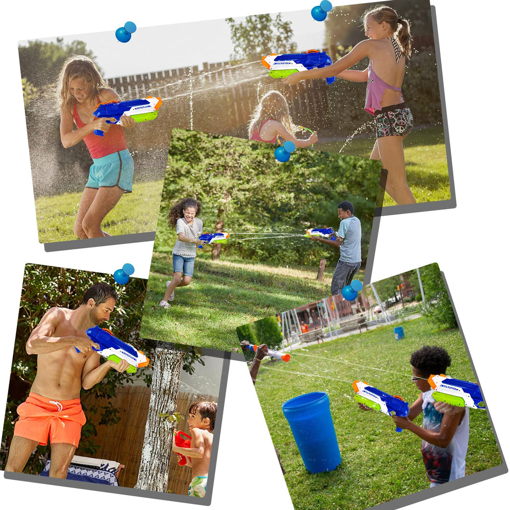 CAKUNI water guns in pool setting with kids splashing.