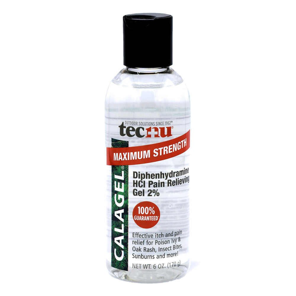 Calagel anti-itch gel bottle ready for use, offering temporary itch relief on skin.