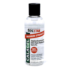 Calagel anti-itch gel bottle ready for use, offering temporary itch relief on skin.