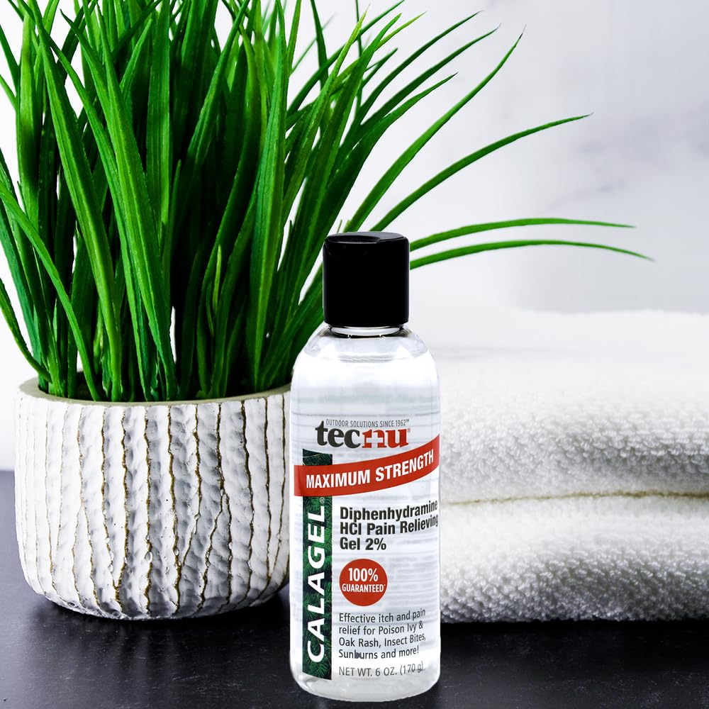 Calagel bottle shows diphenhydramine HCl 2% as the active ingredient on the label.