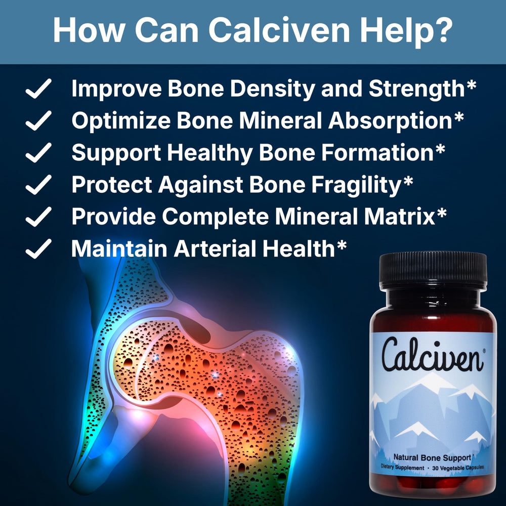 Calciven bottle label highlights non-GMO and gluten-free clean ingredients.
