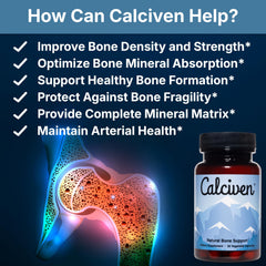 Calciven bottle label highlights non-GMO and gluten-free clean ingredients.