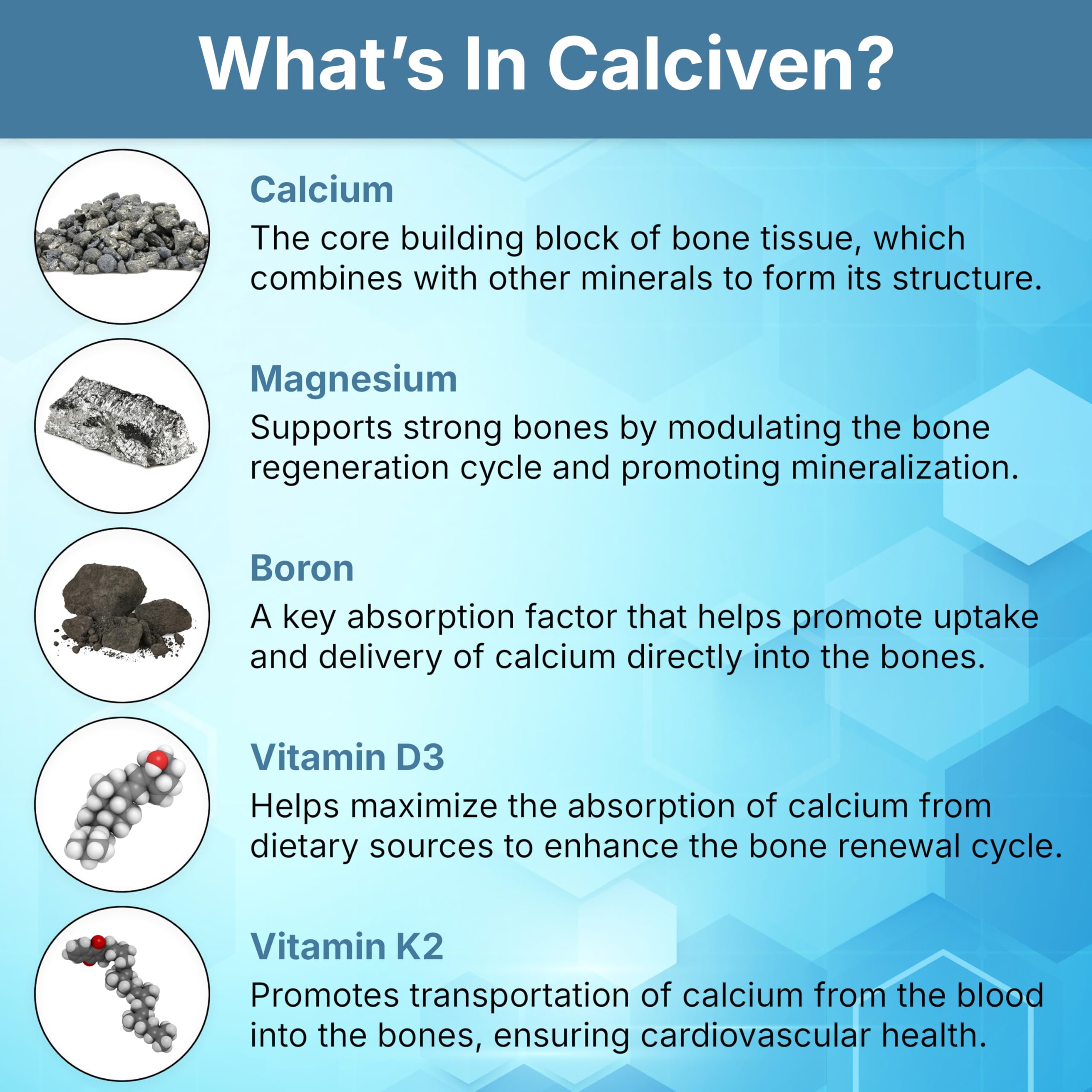 Calciven glass with pills suggesting a straightforward daily wellness habit.