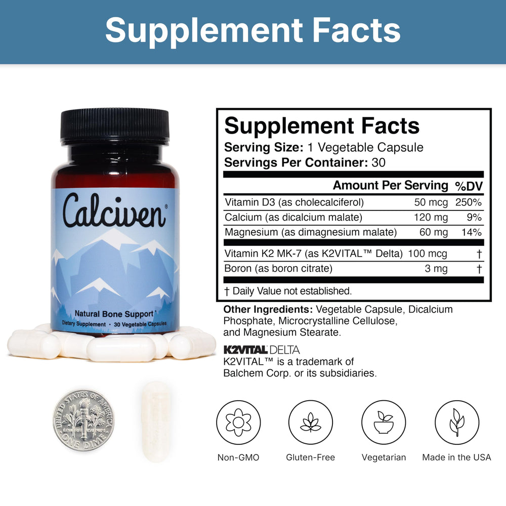 Calciven vitamin D3 and K2 blend close-up showing essential nutrient pairing.