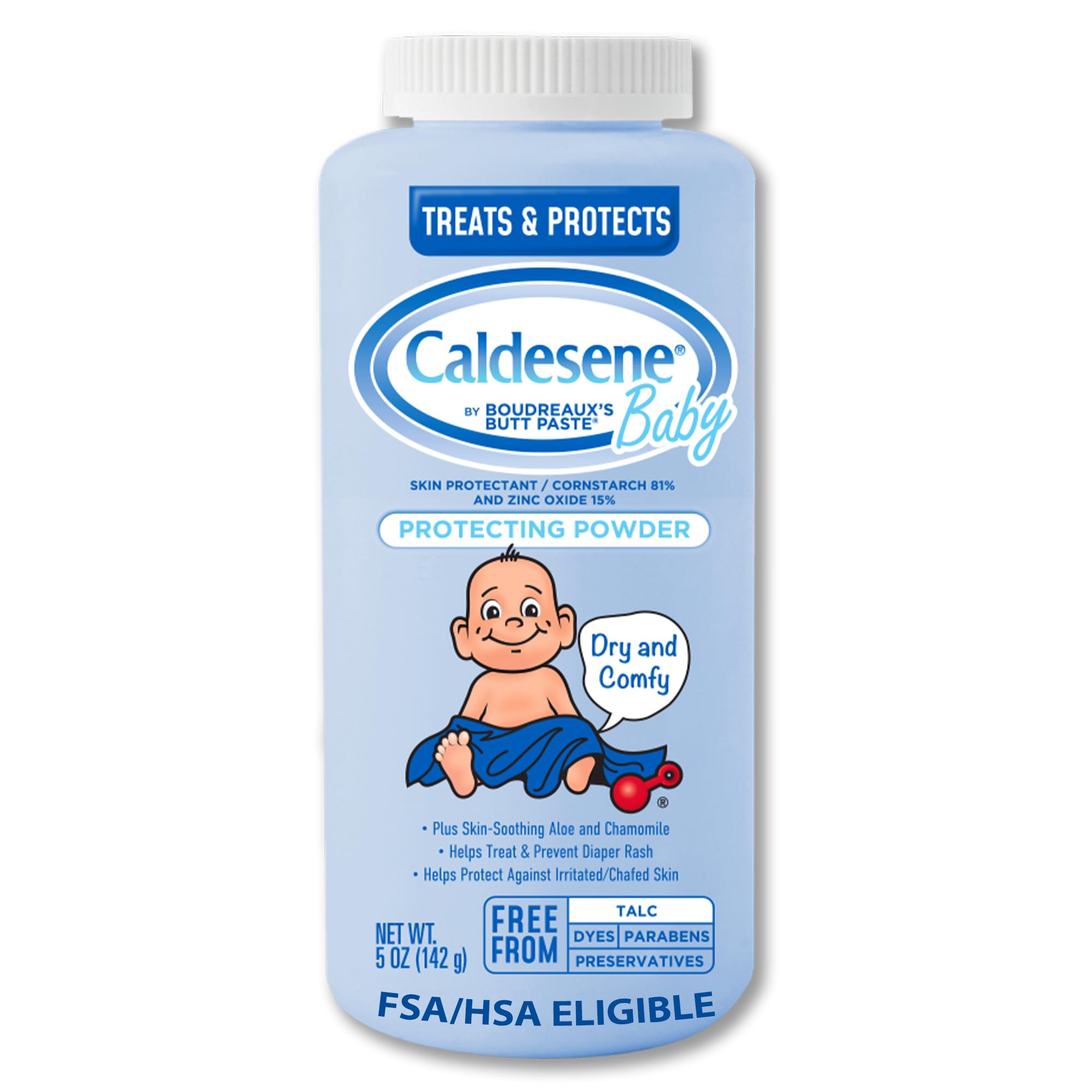 Caldesene Dry & Comfy Baby Powder zinc oxide bottle helps keep skin dry and protected