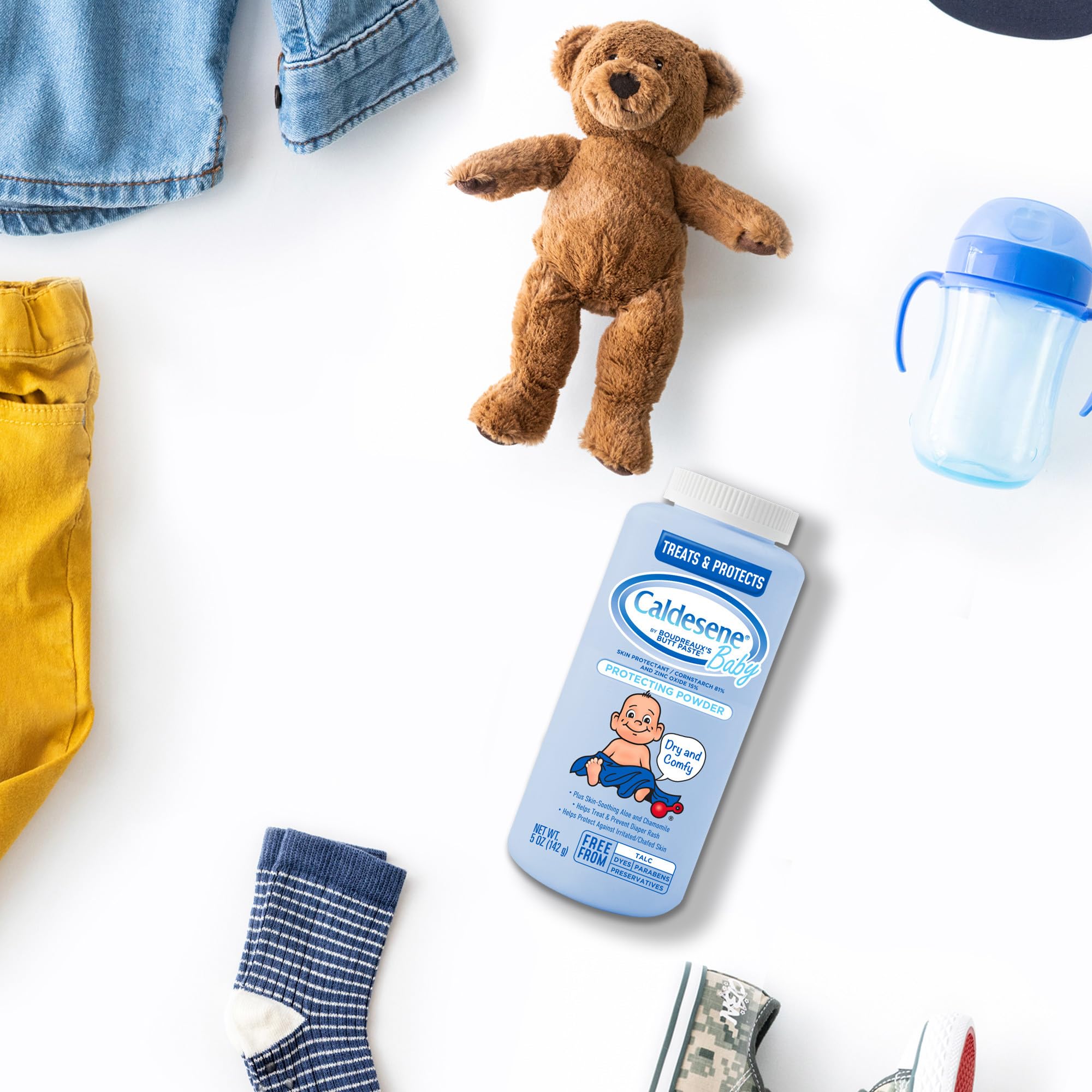 Caldesene talc-free formula bottle on clean surface