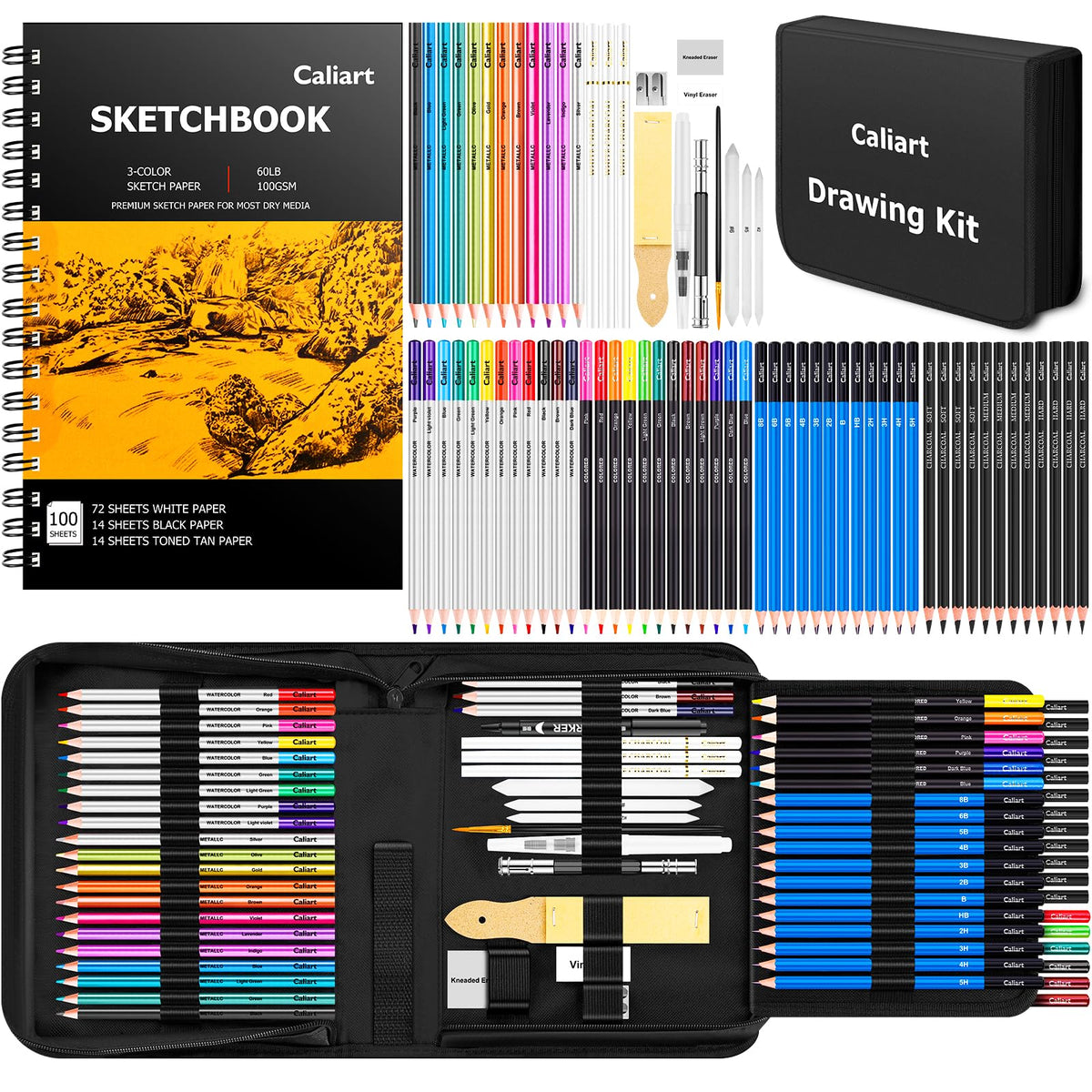 Caliart 176-piece art kit in a travel case, ready for on-the-go drawing.