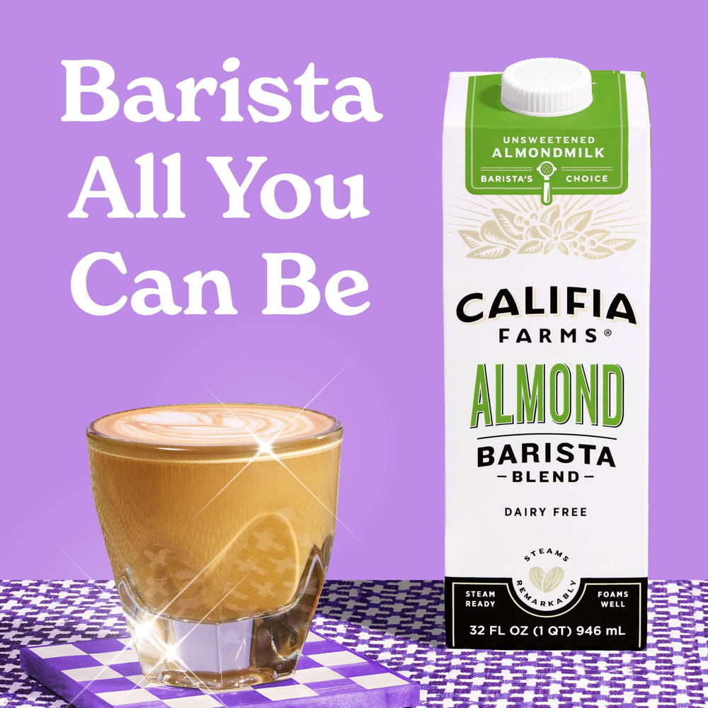 Pouring Califia Farms Barista Blend into coffee delivers smooth, dairy-free creaminess.