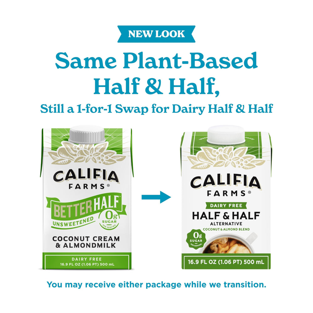 Califia Farms Better Half packaging box highlights vegan half-and-half substitute.