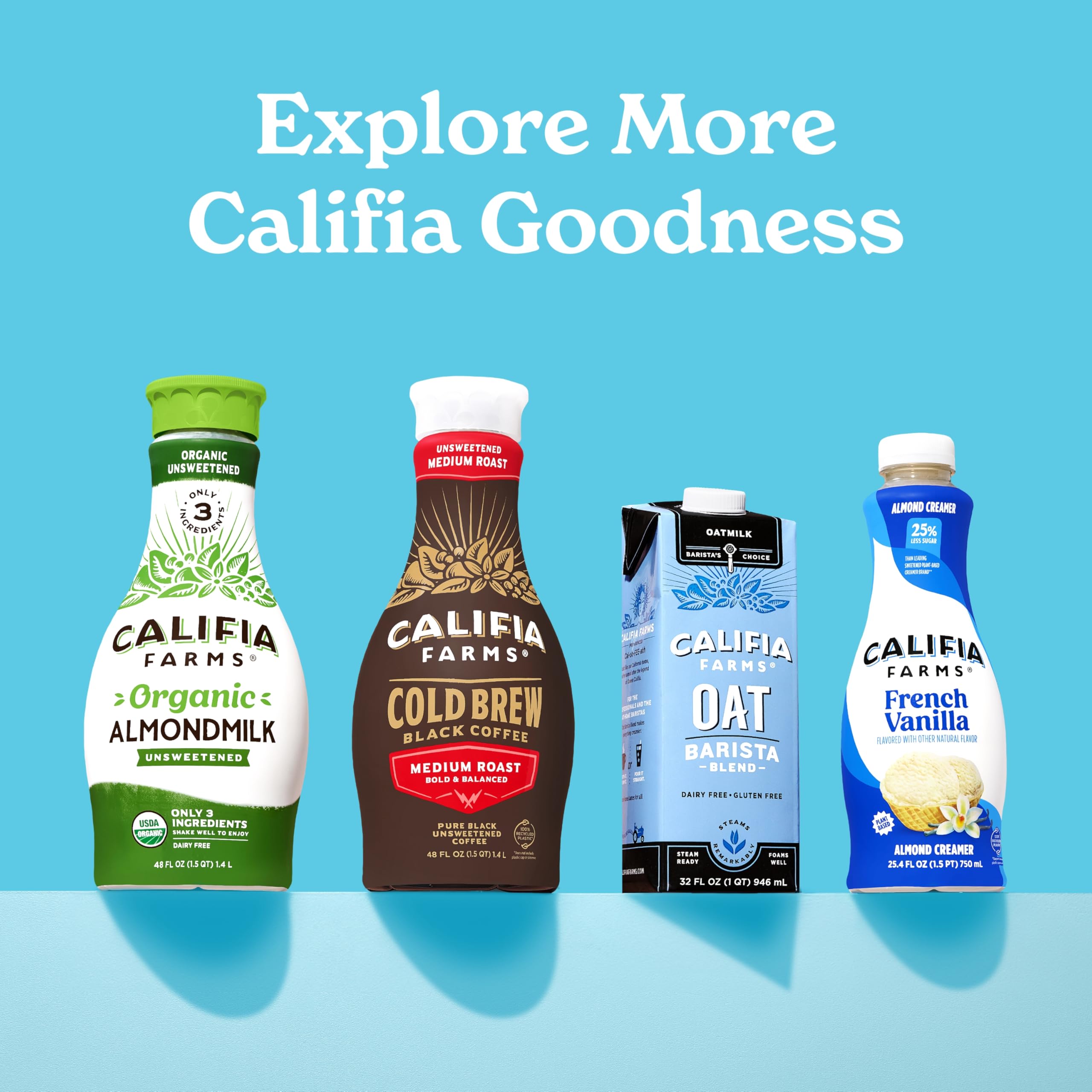 Glass bottle of Califia Farms creamer on kitchen shelf