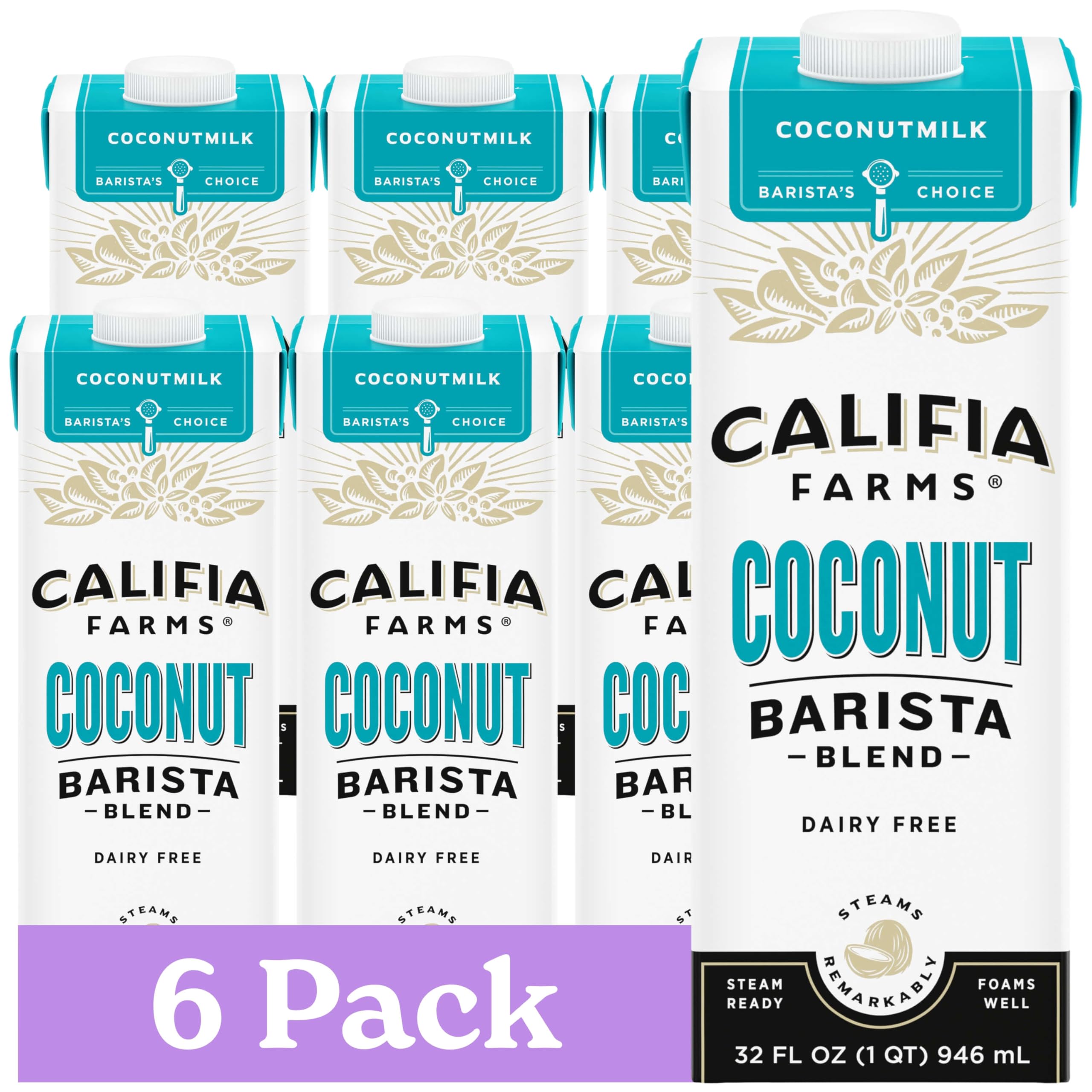 Califia Farms Coconut Barista Blend 32 oz bottle for rich dairy-free foam in lattes.