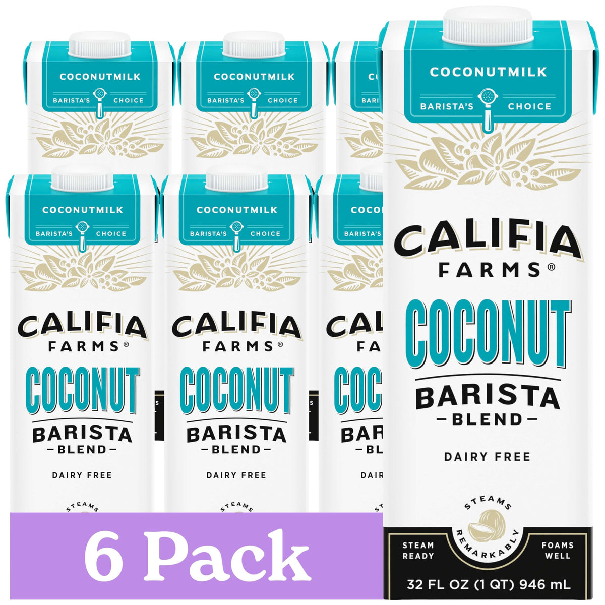 Califia Farms Coconut Barista Blend 32 oz bottle for rich dairy-free foam in lattes.