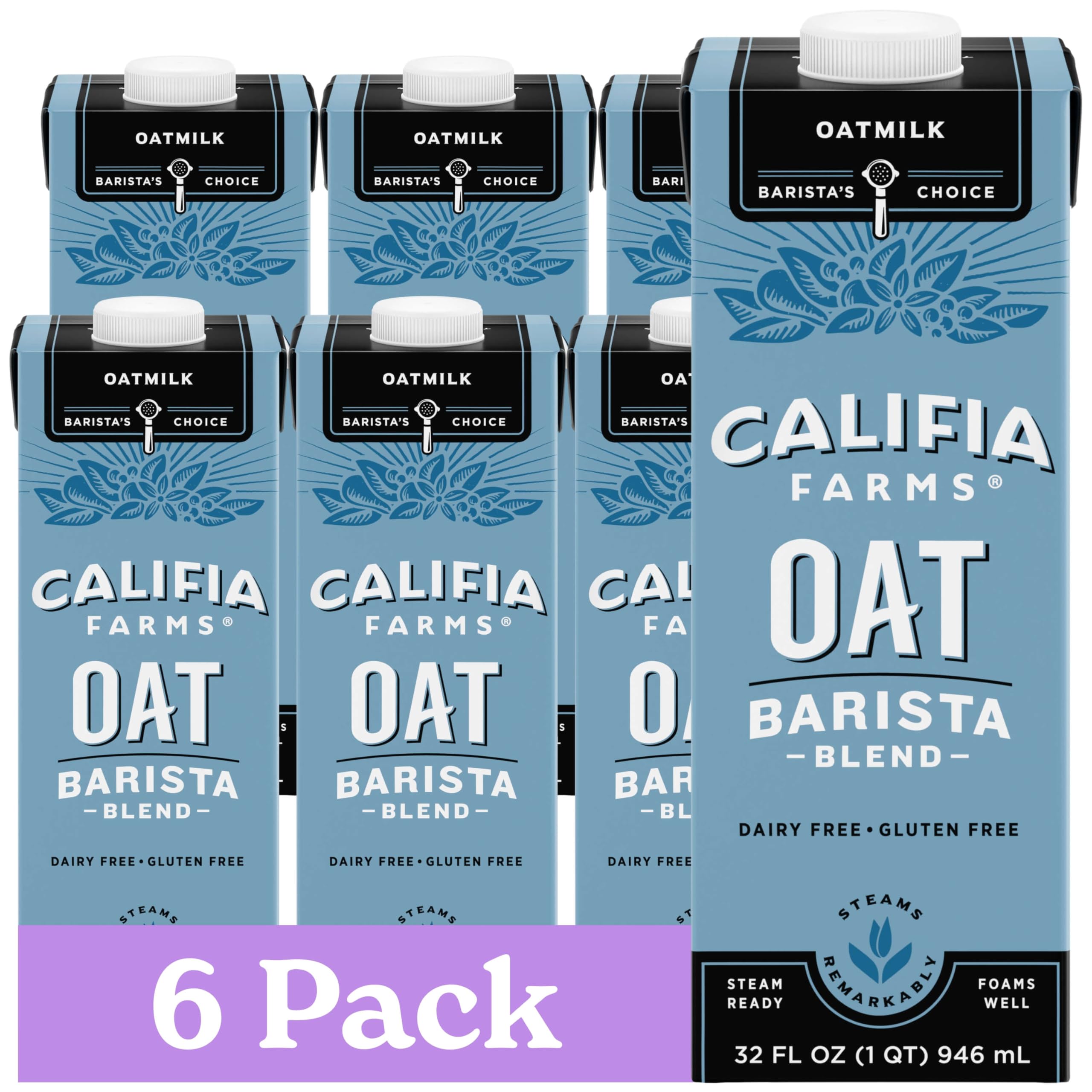 Califia Farms Oat Barista Blend 32oz pack six enables foaming latte art