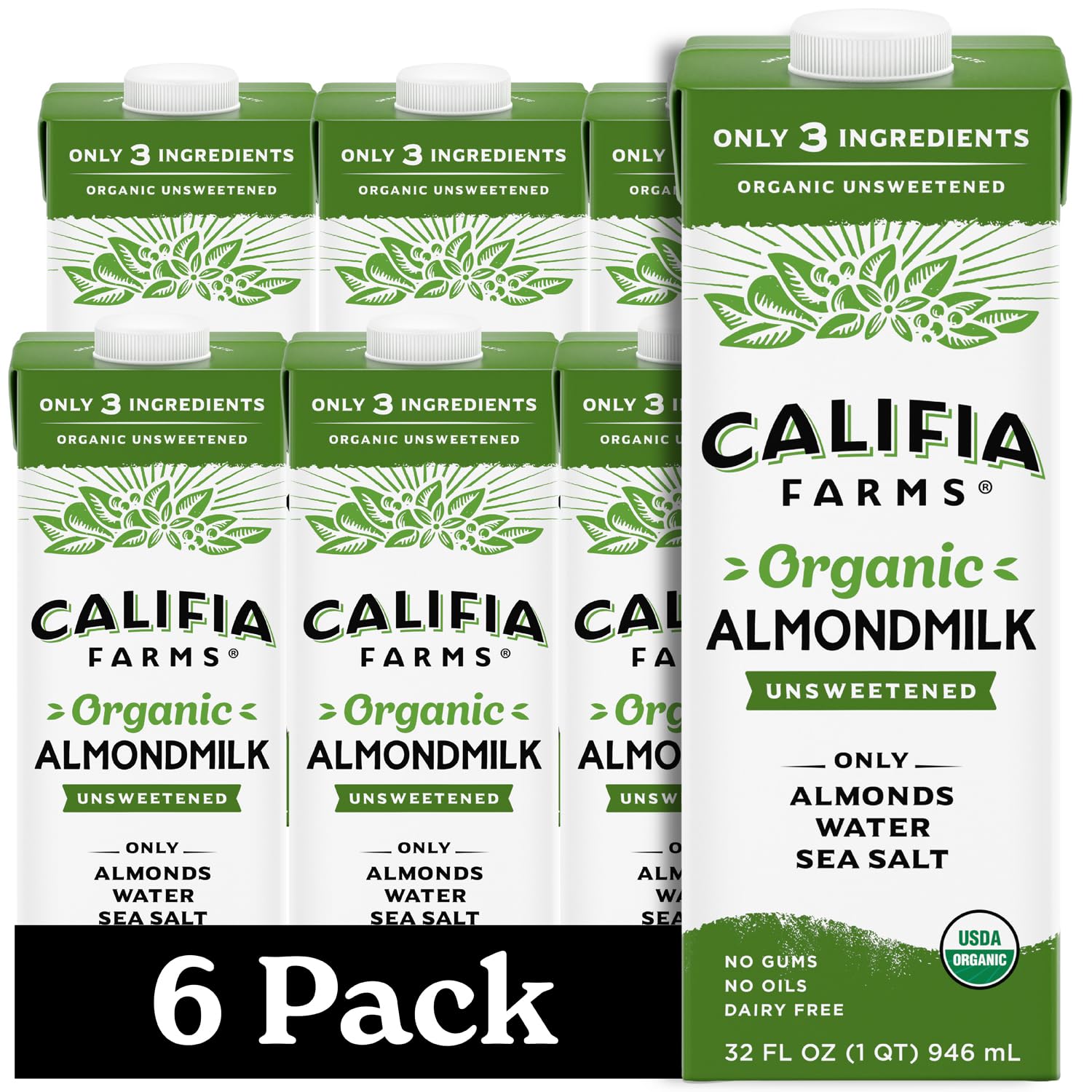 Califia Farms Organic Almondmilk bottle shows simple three-ingredient formula for dairy-free use.