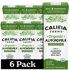 Califia Farms Organic Almondmilk bottle shows simple three-ingredient formula for dairy-free use.