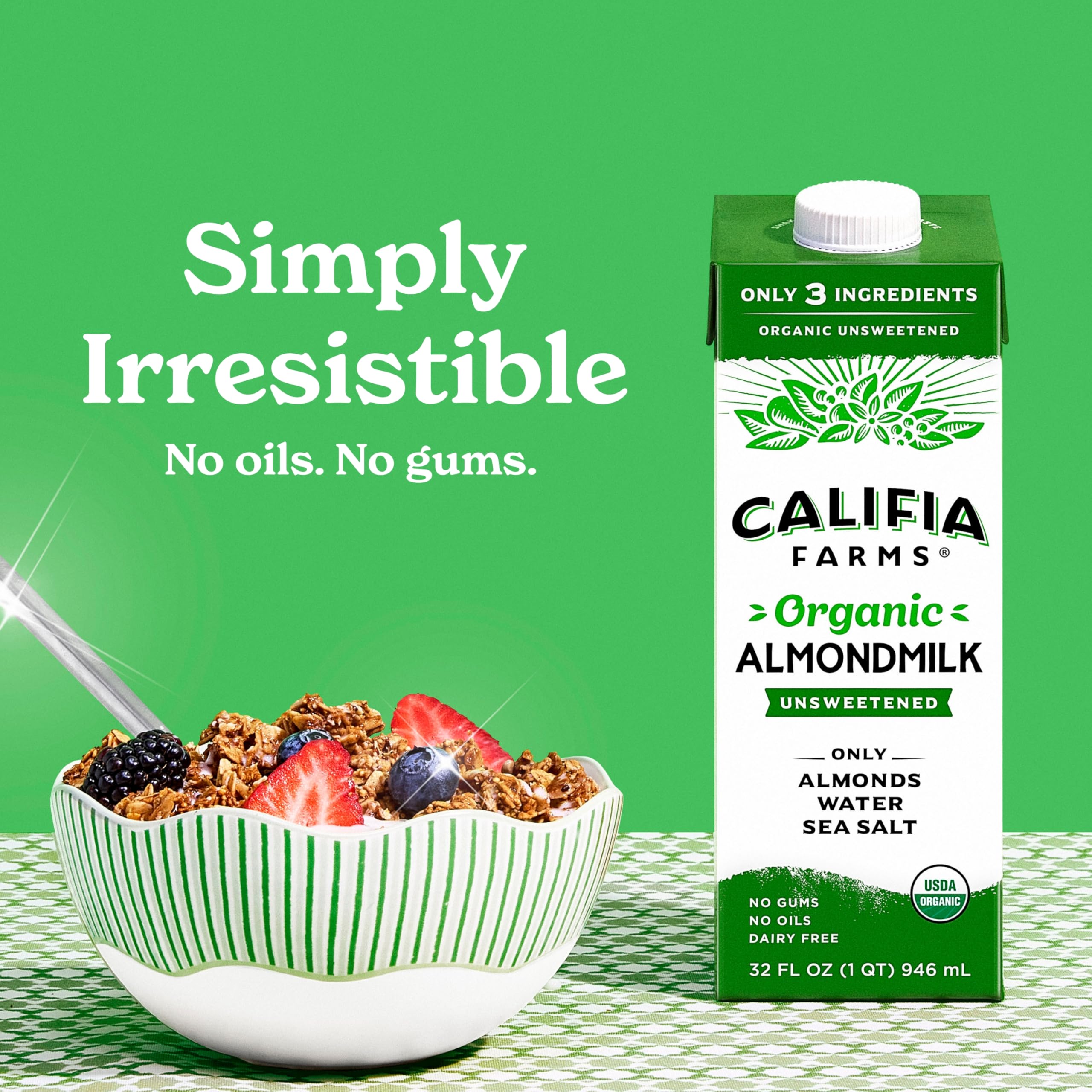 Close-up of label features water, almonds, and sea salt.