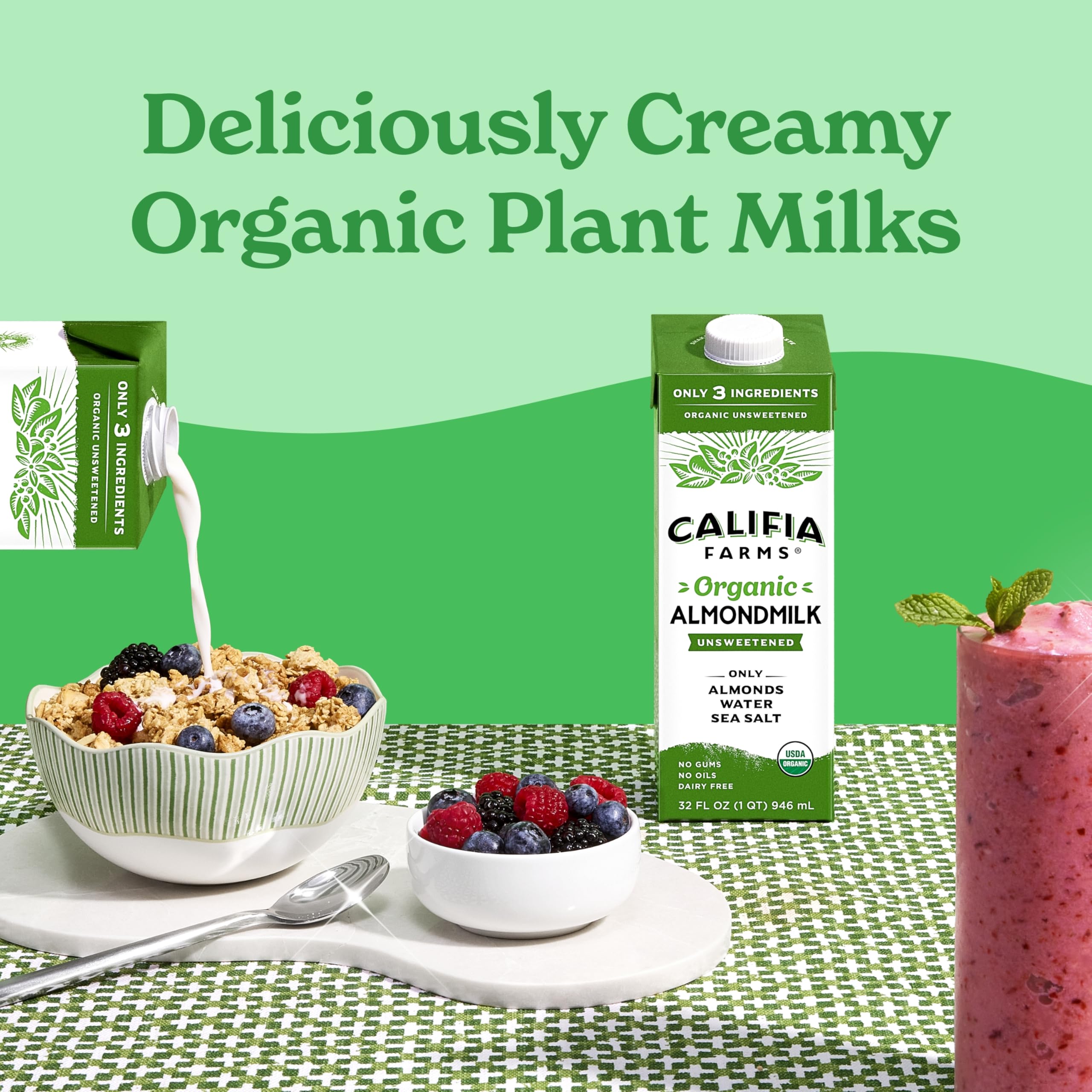 USDA Organic seal on Califia Farms Almondmilk emphasizes dairy-free certification.