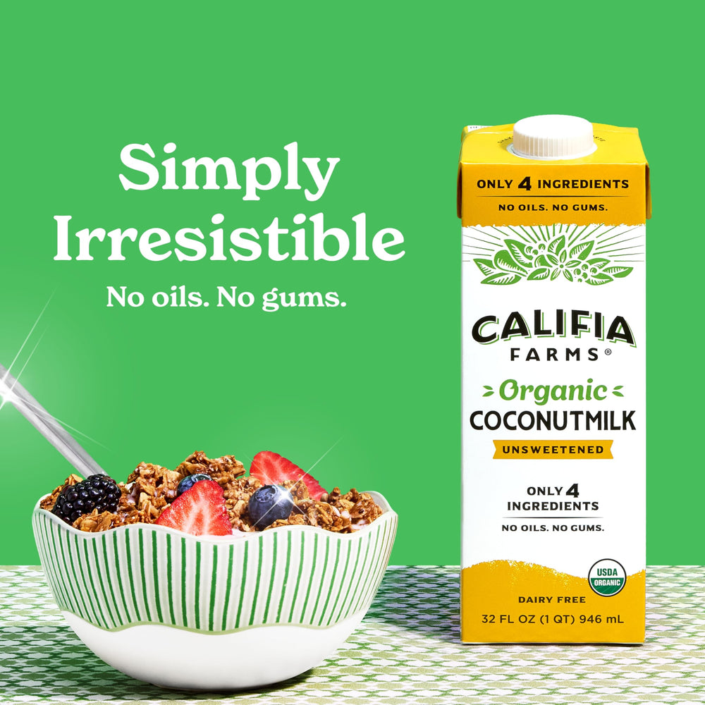 Califia Farms Organic Coconutmilk over cereal illustrates dairy-free breakfast option