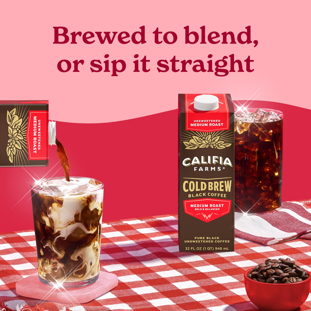 Shelf-stable Califia Farms packaging for convenient pantry coffee.