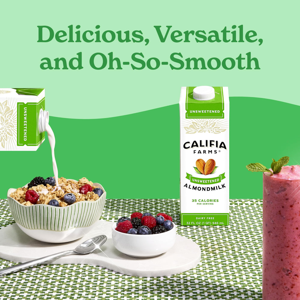 Califia Farms Unsweetened Almond Milk in baking batter, versatile dairy-free substitute.