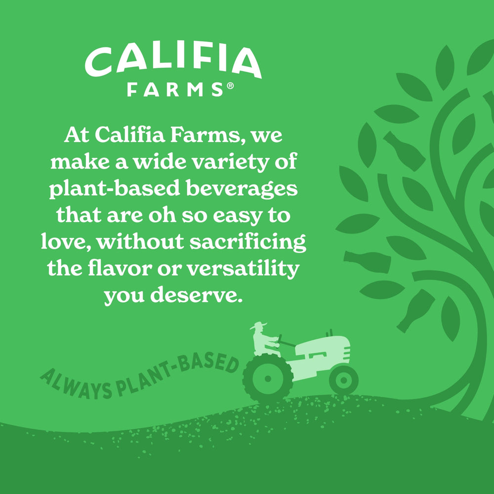 Califia Farms Unsweetened Almond Milk carton on kitchen shelf, non-refrigerated convenience.