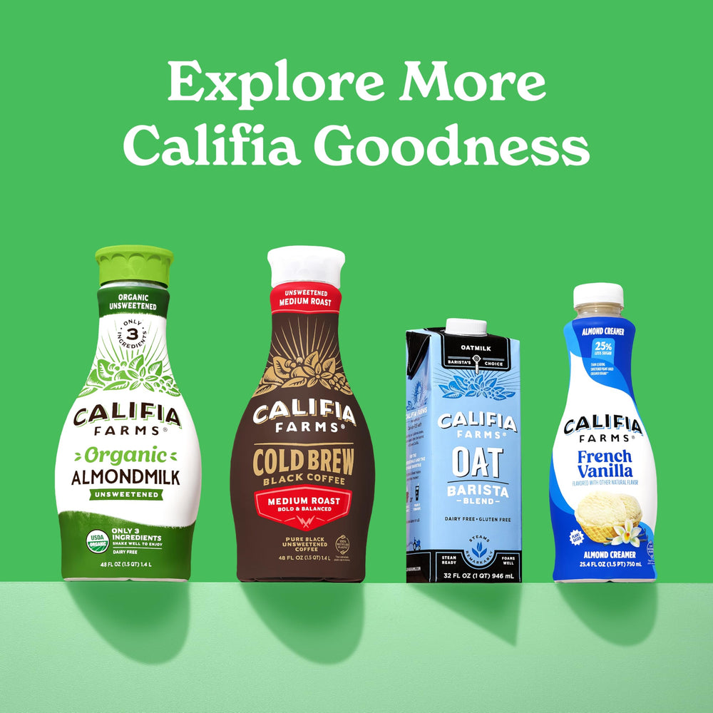 Califia Farms Unsweetened Almond Milk label highlights calcium content and zero sugar.