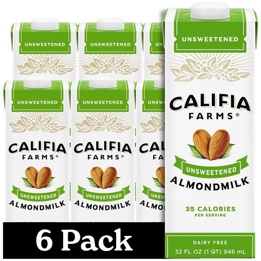 Califia Farms Unsweetened Almond Milk pack on shelf for pantry stocking.