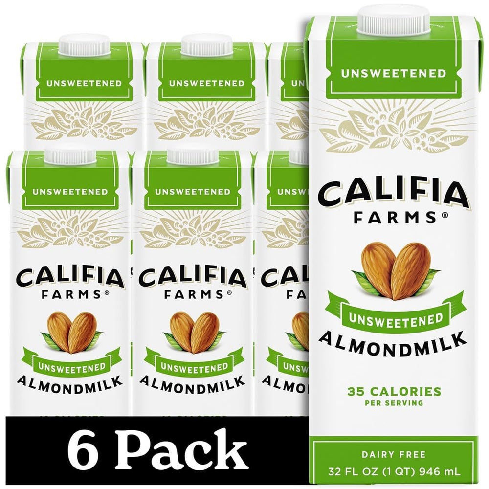 Califia Farms Unsweetened Almond Milk pack on shelf for pantry stocking.