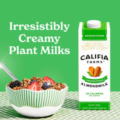 Califia Farms Unsweetened Almond Milk served with cereal for a dairy-free breakfast.