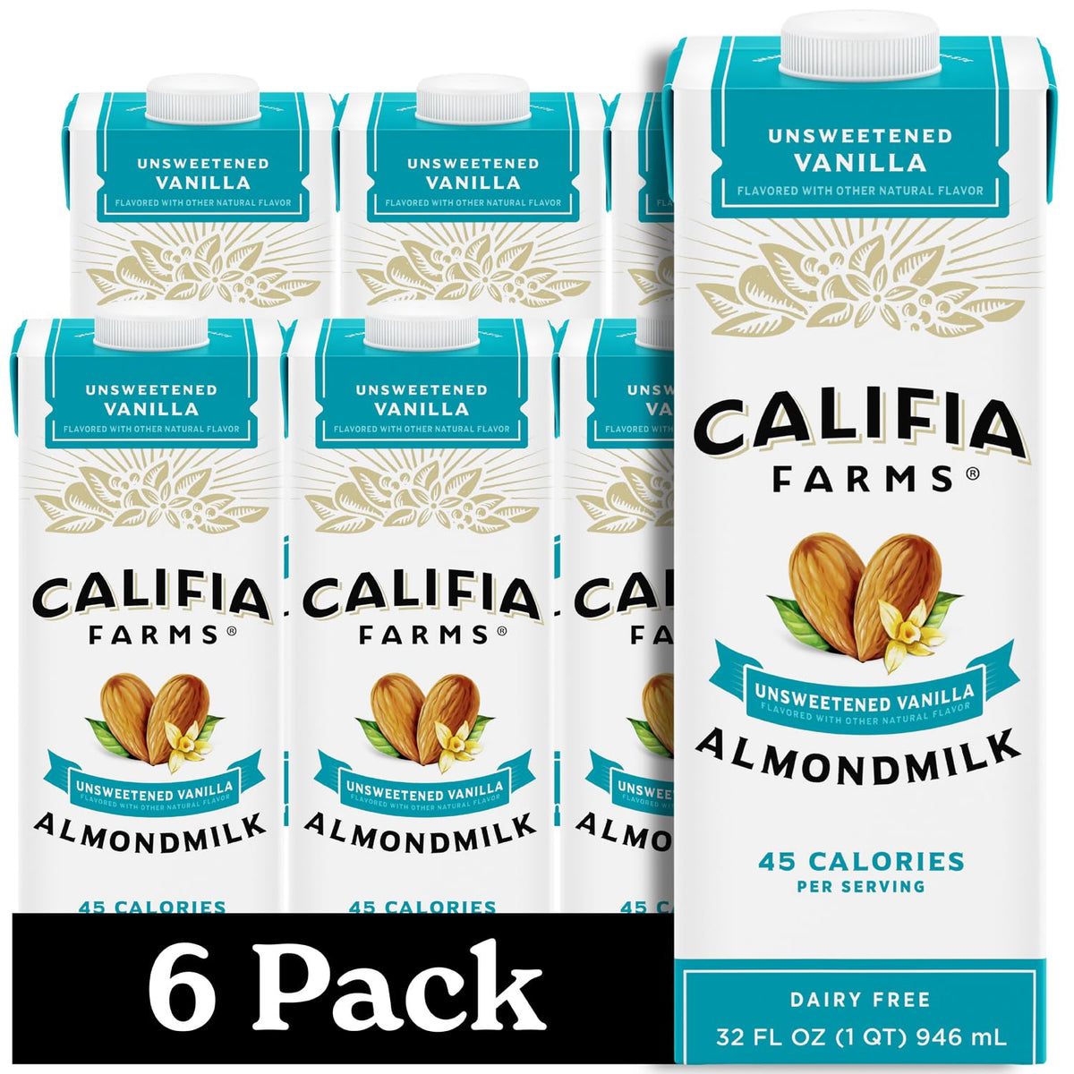Califia Farms Unsweetened Vanilla Almond Milk bottle pour for coffee or baking