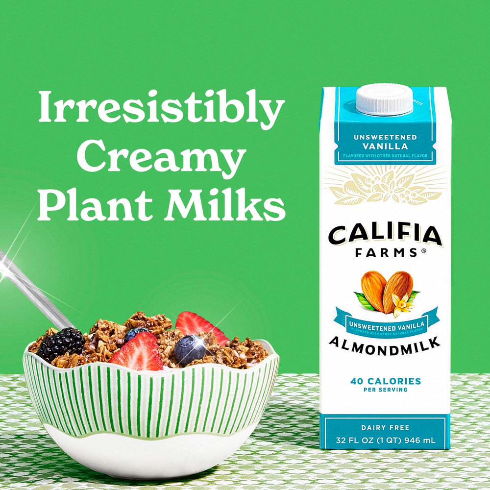 Califia Farms Unsweetened Vanilla Almond Milk on cereal bowl scene, plant-based breakfast