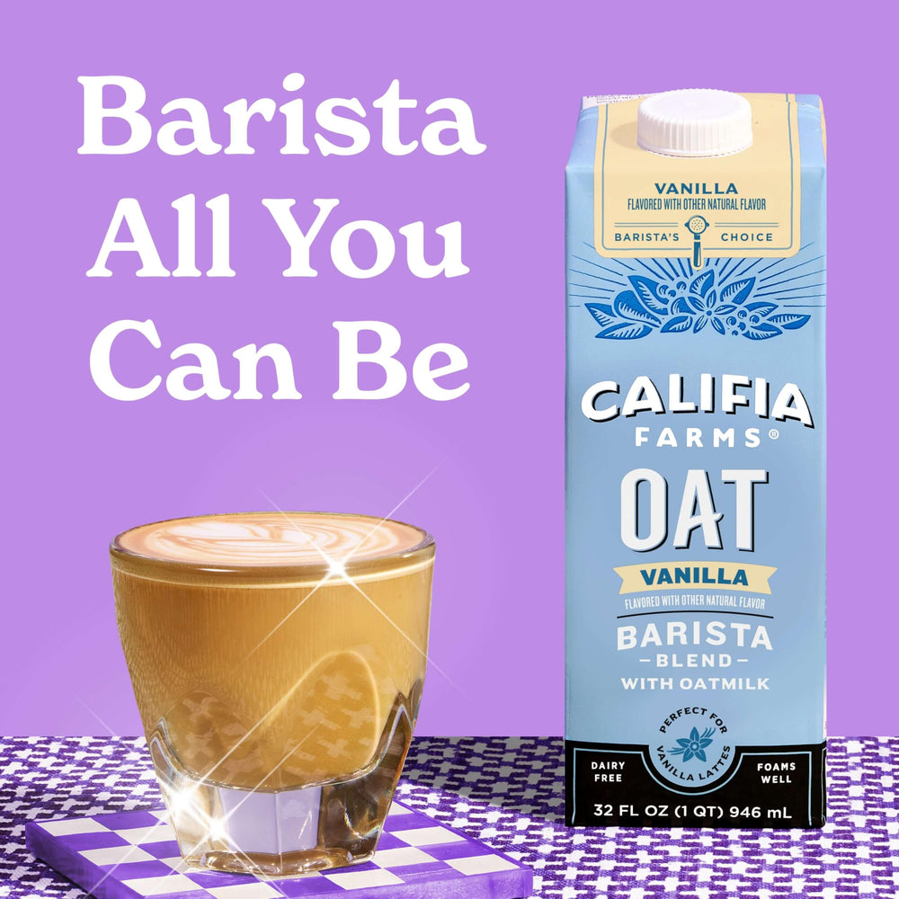 Califia Farms Vanilla Oat Barista Blend latte base for home baristas.
