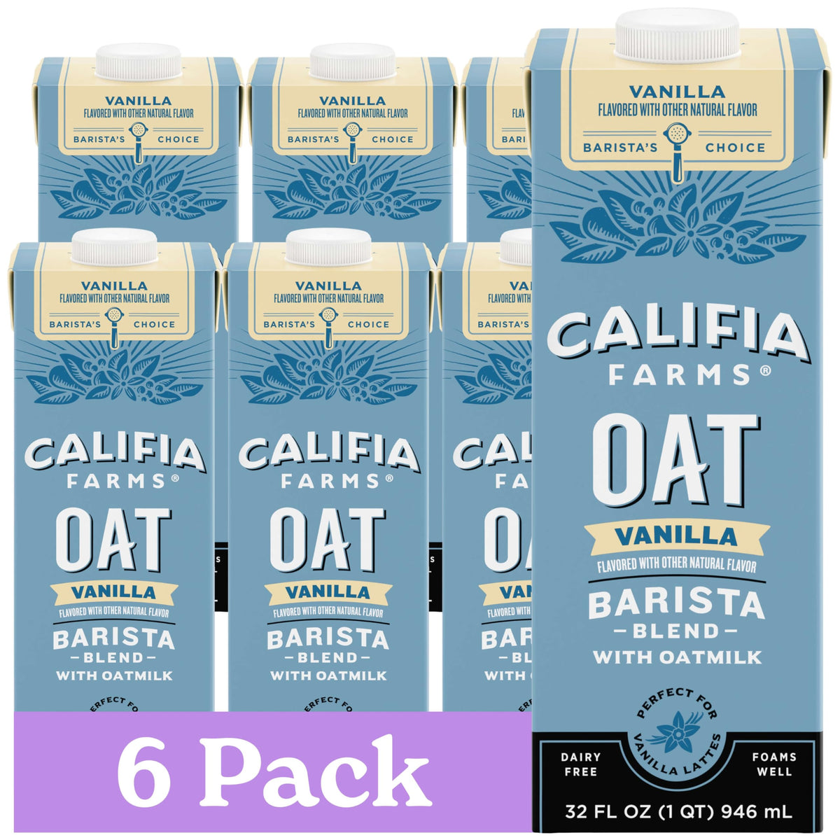 Califia Farms Vanilla Oat Barista Blend pours smoothly for dairy-free vanilla lattes.