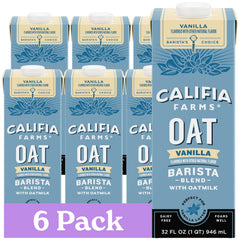 Califia Farms Vanilla Oat Barista Blend pours smoothly for dairy-free vanilla lattes.