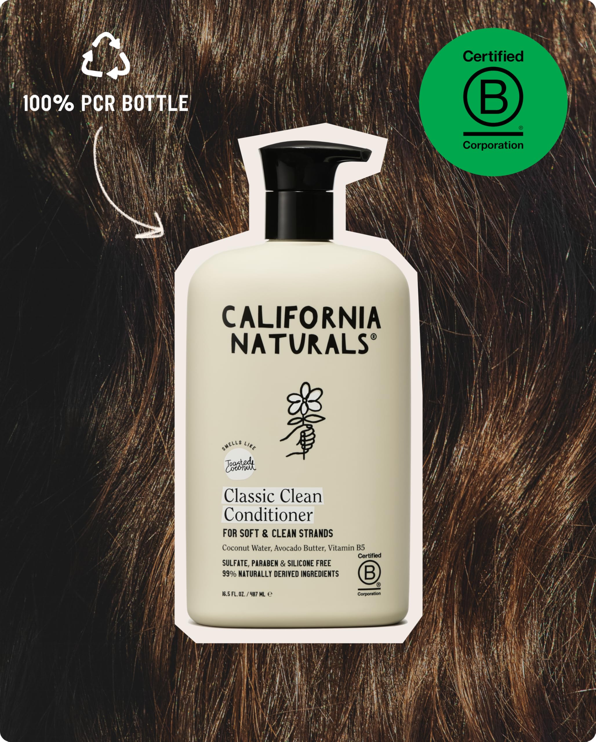 California Naturals conditioner applied in shower on hair strands.
