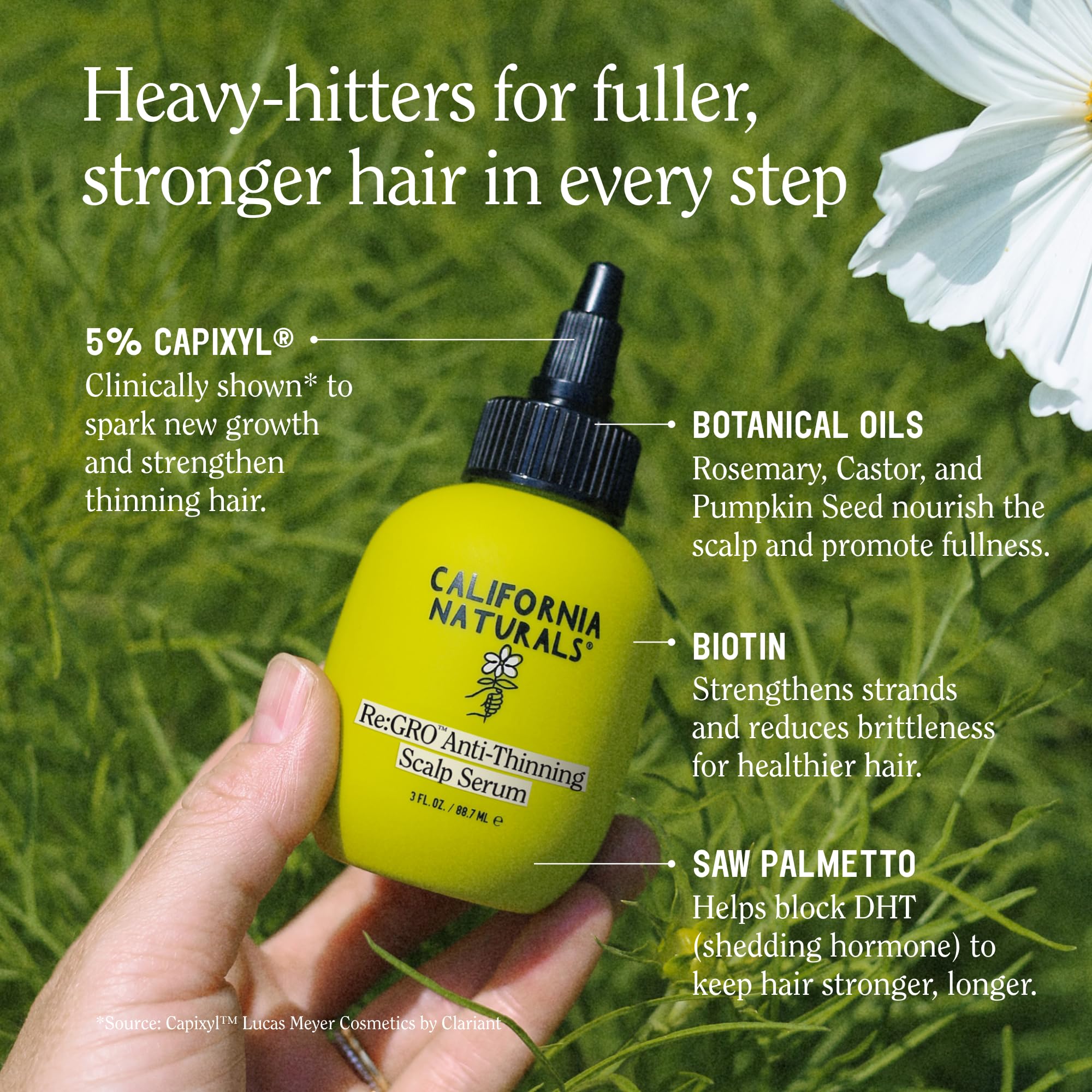 California Naturals Re:GRO ingredient panel highlights Capixyl, caffeine, biotin, and rosemary.