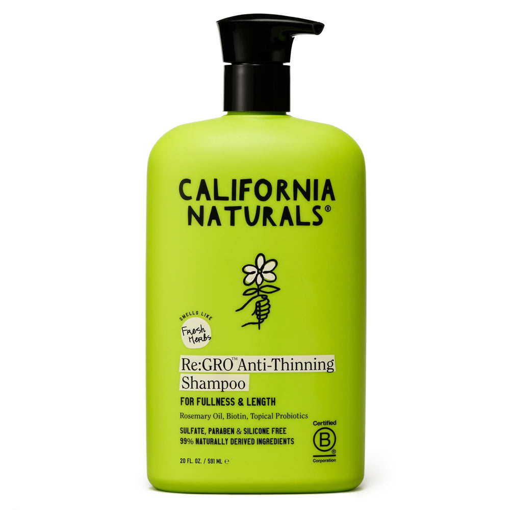 California Naturals Re:GRO shampoo bottle front promotes healthier scalp and fuller-looking hair