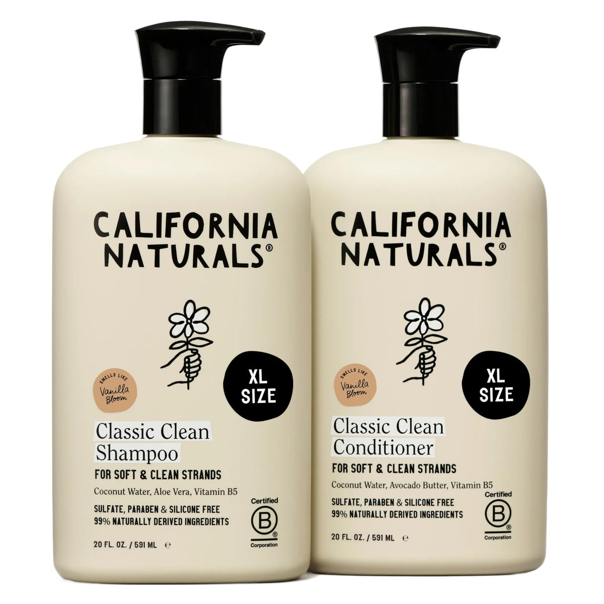 California Naturals Vanilla Bloom Shampoo bottle with vegan formula suitable for all hair types.