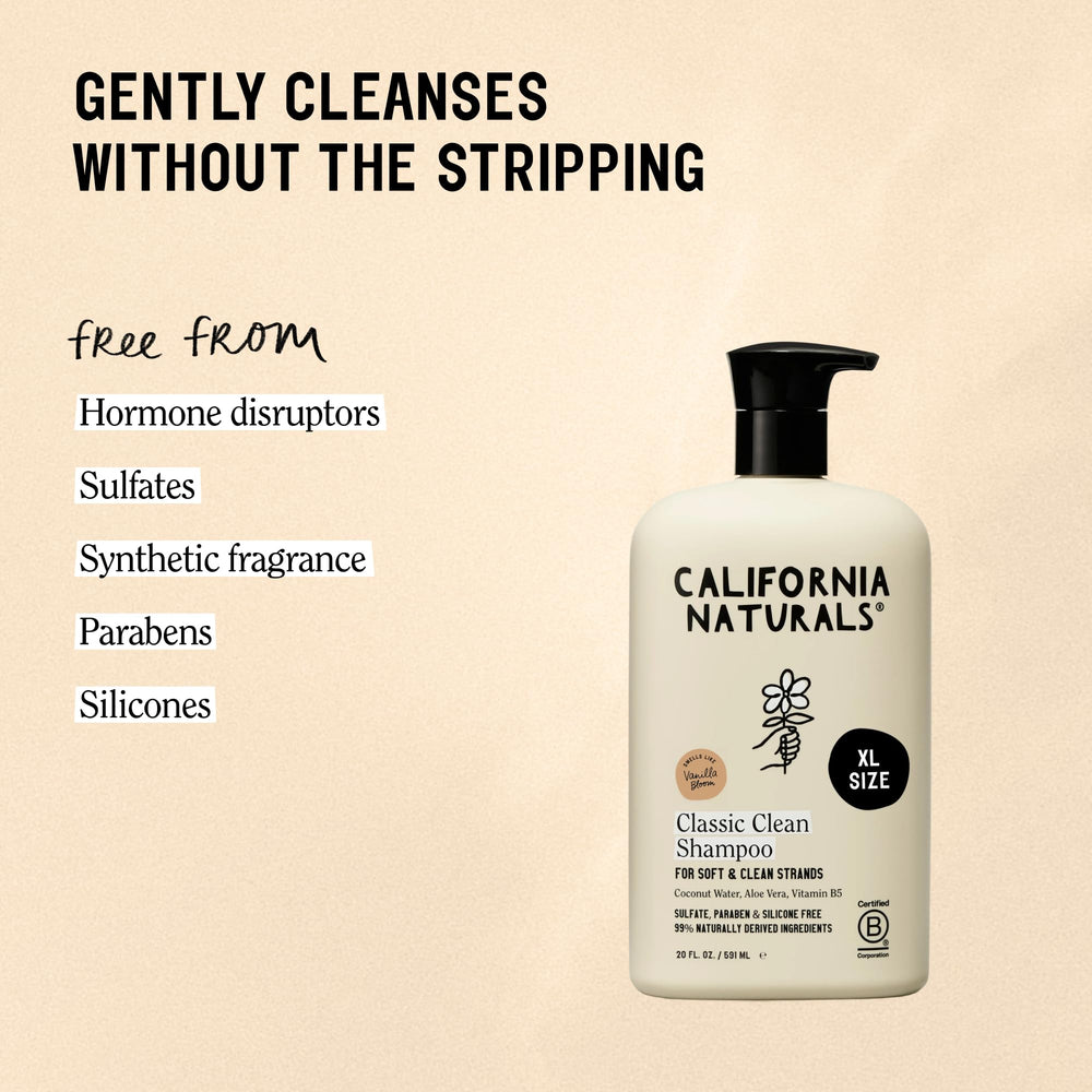 California Naturals Vanilla Bloom Shampoo label close-up emphasizes clean, vegan credentials.