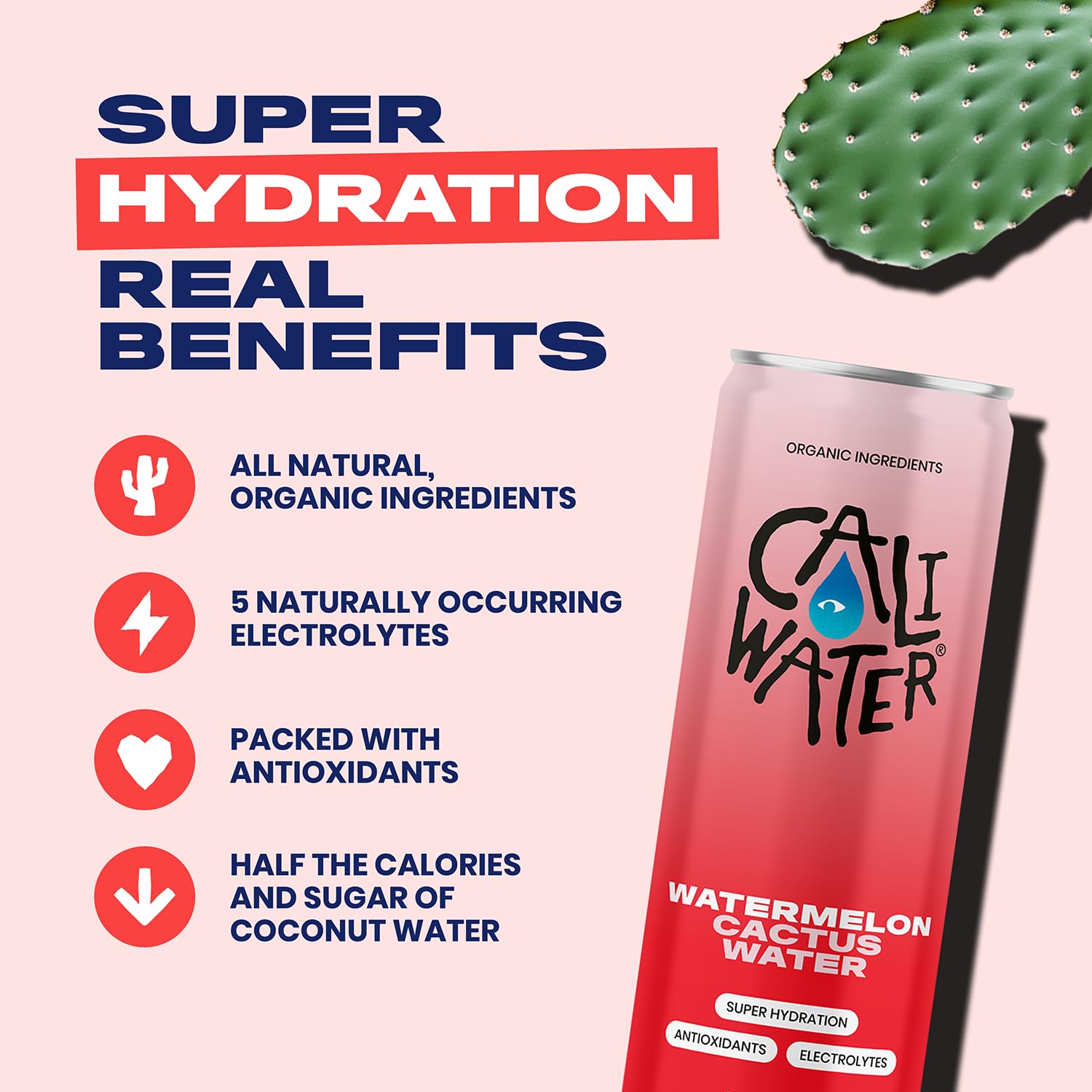 CALIWATER Organic Cactus Water label close-up highlighting natural ingredients