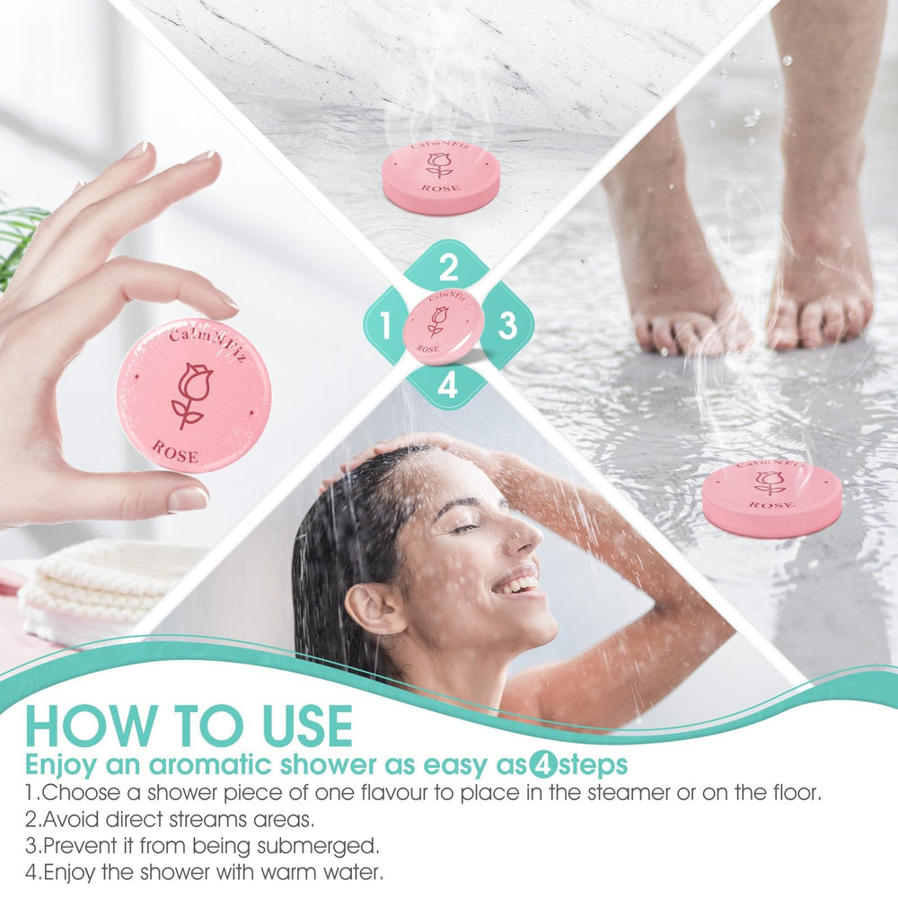 Six-scent CalmNFiz label highlights scent variety for personalized showers.