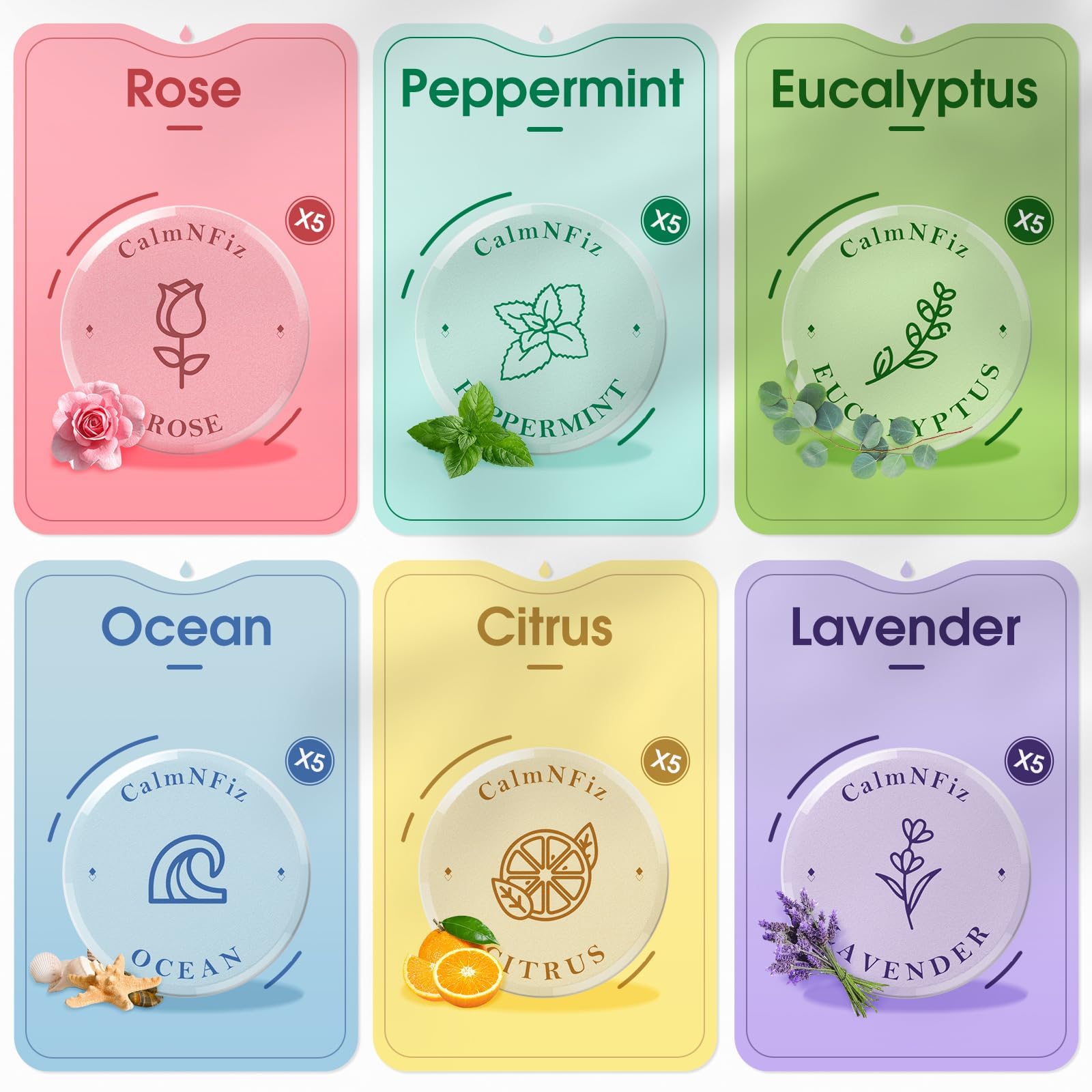 CalmNFiz shower steamers display vibrant colors for a spa-like shower.